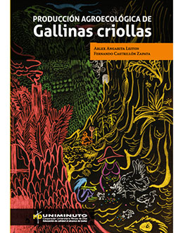 Producción agroecológica de gallinas criollas Caratula libro con ilustaciones del campo con gallinas