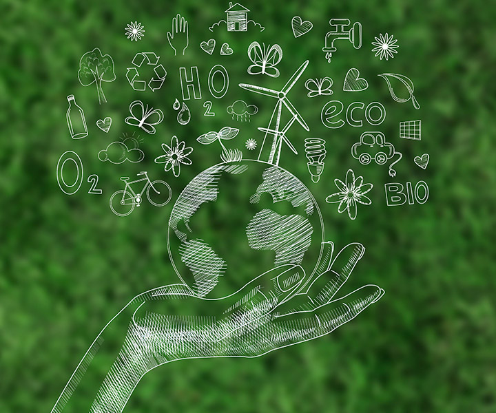 Imagen de mano sosteniendo planeta tierra -diseño en solo línea- fondo lleno de hojas verdes