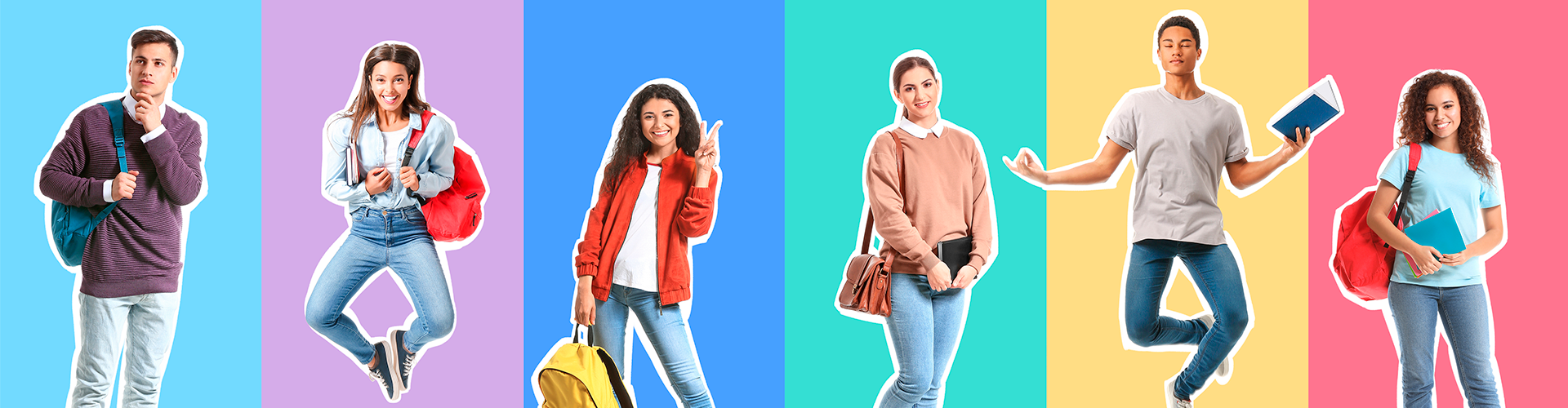Becas y descuentos Collage de alegres jóvenes multirraciales saltando sobre coloridos antecedentes, panorama