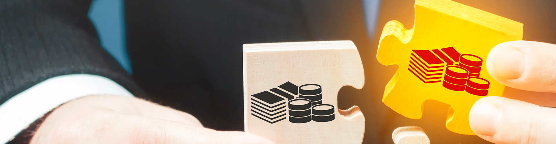 El hombre de negocios sostiene el rompecabezas de madera con una foto de dinero. El concepto de gestión financiera y distribución de fondos. Ahorro e inversión. 