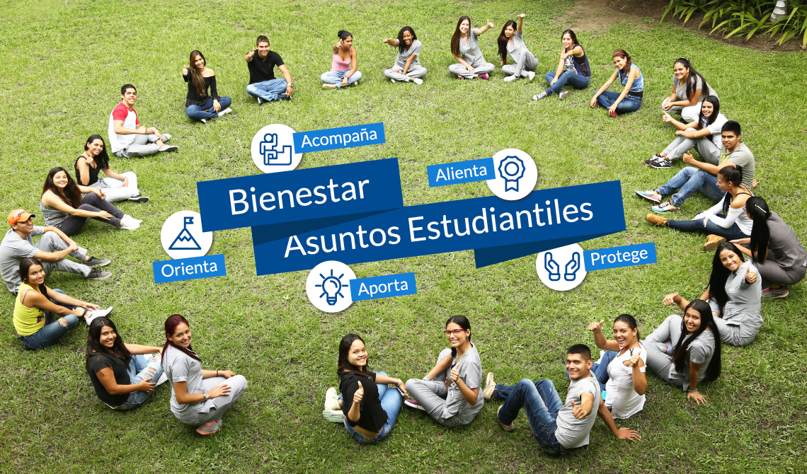 Estudiantes sentados formando un óvalo y en el centro el texto: Bienestar Asuntos Estudiantiles