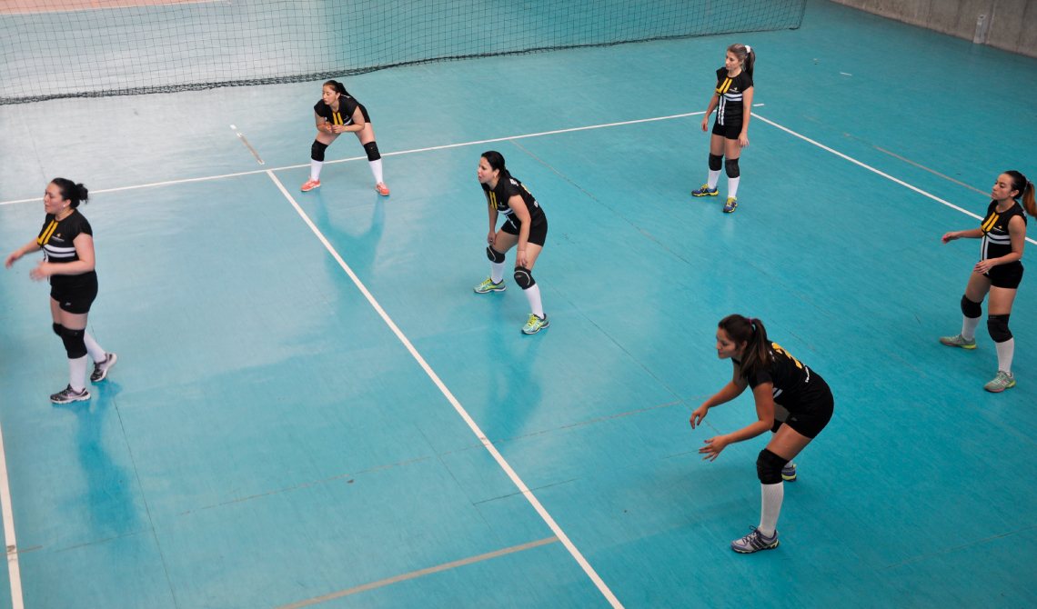 Equipo femenino de voleibol en posición para iniciar el juego.