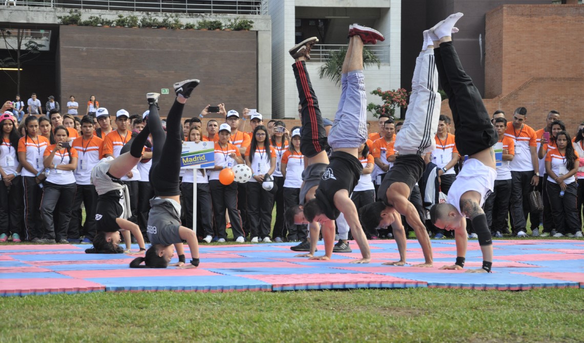 Grupo de gimnasia mixto realizando maniobras. 