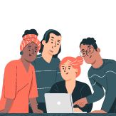 Ilustración de 4 estudiantes mirando computador 