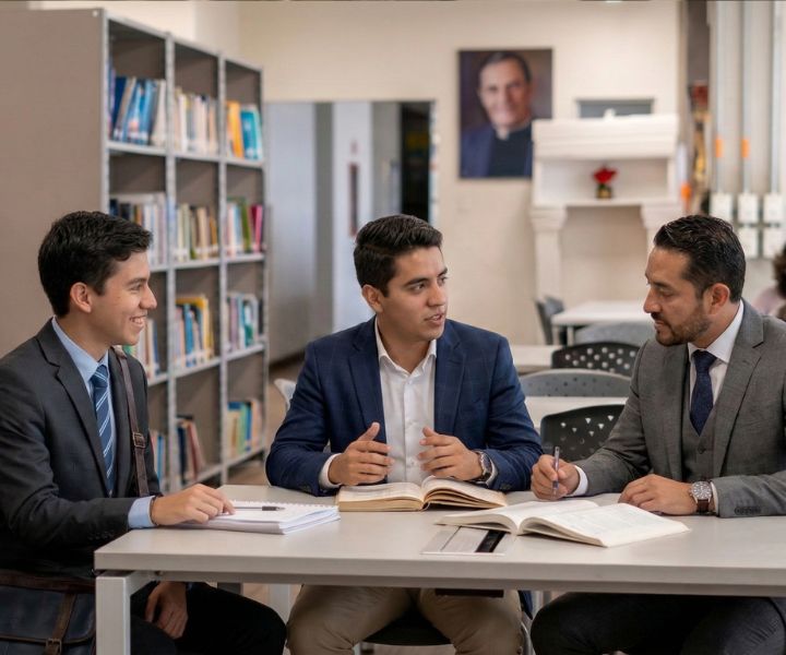 tres hombres con traje formal en una biblioteca, feria a distancia UNIMINUTO