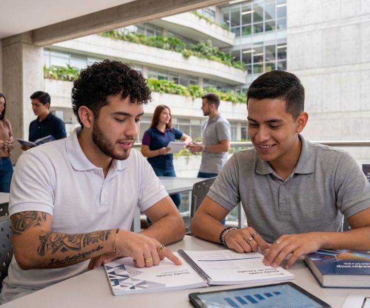 dos hombres revisando un libro en una oficina