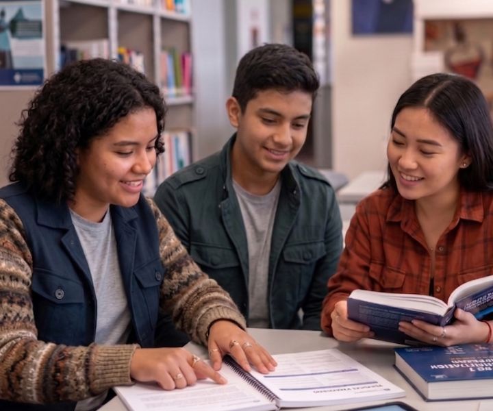 Estudiantes leyendo cartillas