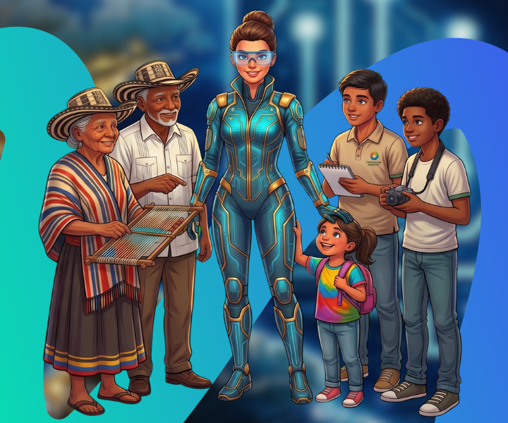 Imagen oficial del Simposio Internacional de Ingeniería de UNIMINUTO Tolima–Huila donde se observa un robot creado con inteligencia artificial junto a una familia colombiana, representando la conexión entre tecnología, innovación y sociedad.