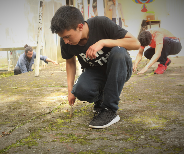 Estudiantes y colaboradores limpian el patio de la escuela