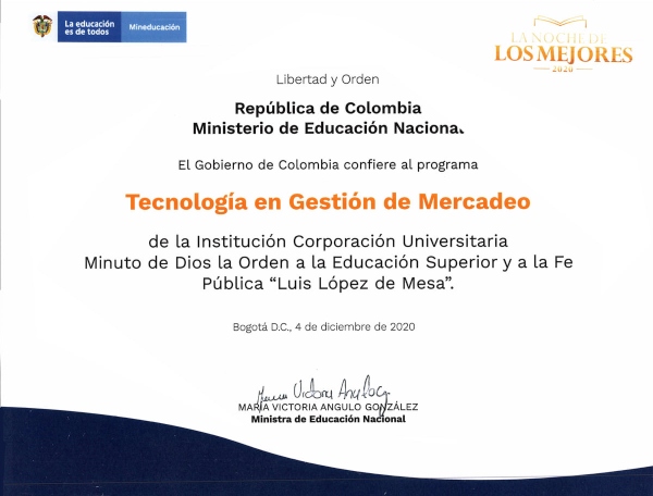 Certificado del reconocimiento otorgado por el MEN.