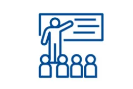 icono de un símbolo de persona señalando un tablero mientras otras cuatro escuchan
