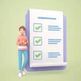 Personaje mujer tridimensional junto a una lista de requisitos.