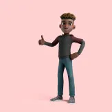 Personaje hombre tridimensional con el pulgar arriba. 