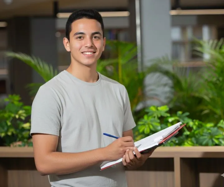 Estudiante feliz con cuadernillo en la mano