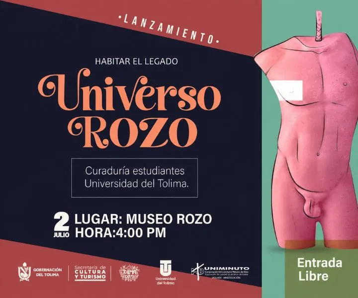 Afiche del lanzamiento de la exposición "Habitar el legado: Universo Rozo", con una ilustración de una escultura en tonos rosados. El evento se realizará el 2 de julio a las 4:00 p. m. en el Museo Rozo.