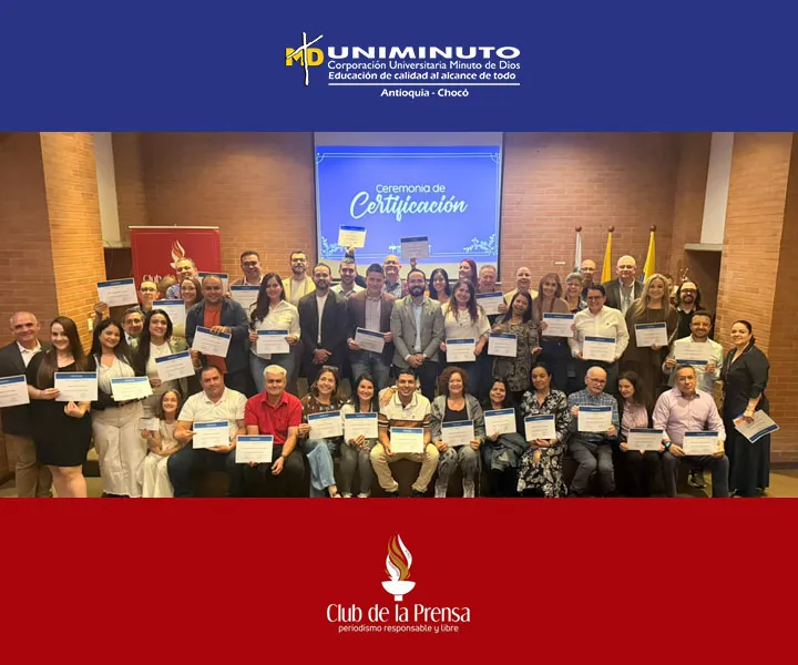 Tras un proceso de formación académica y vivencial enfocado en la productividad, la organización y el liderazgo, culminó exitosamente el Diplomado para Periodistas y Comunicadores, desarrollado en el campus de UNIMINUTO Seccional Bello.    Club de la Prensa de Medellín y UNIMINUTO Antioquia-Chocó consolidan alianza que impulsa el liderazgo y la integración del sector periodístico