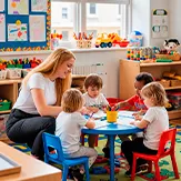 Maestra con estudiantes en salón de clases