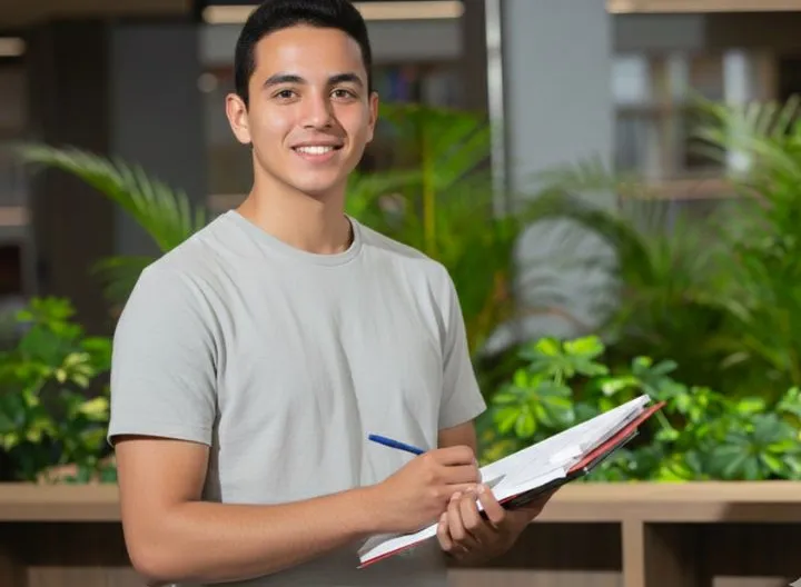 Estudiante feliz con cuadernillo en la mano