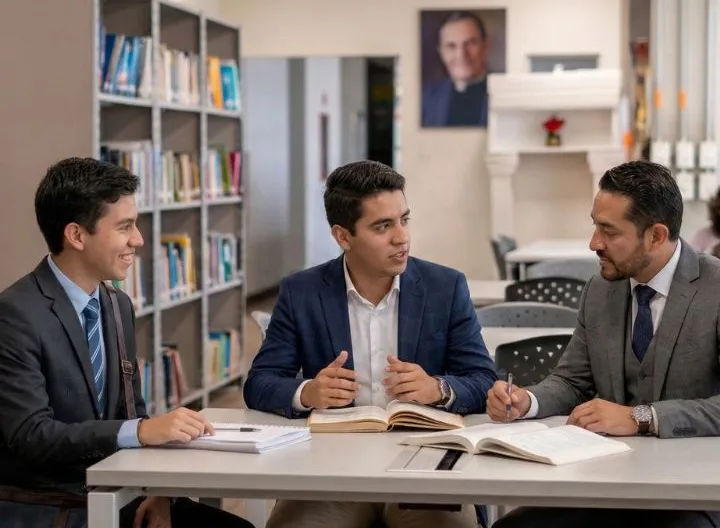 tres hombres con traje formal en una biblioteca, feria a distancia UNIMINUTO