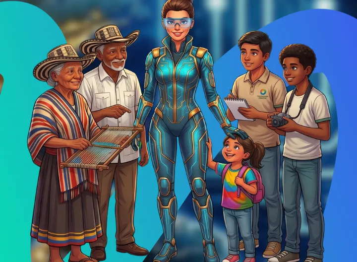 Imagen oficial del Simposio Internacional de Ingeniería de UNIMINUTO Tolima–Huila donde se observa un robot creado con inteligencia artificial junto a una familia colombiana, representando la conexión entre tecnología, innovación y sociedad.