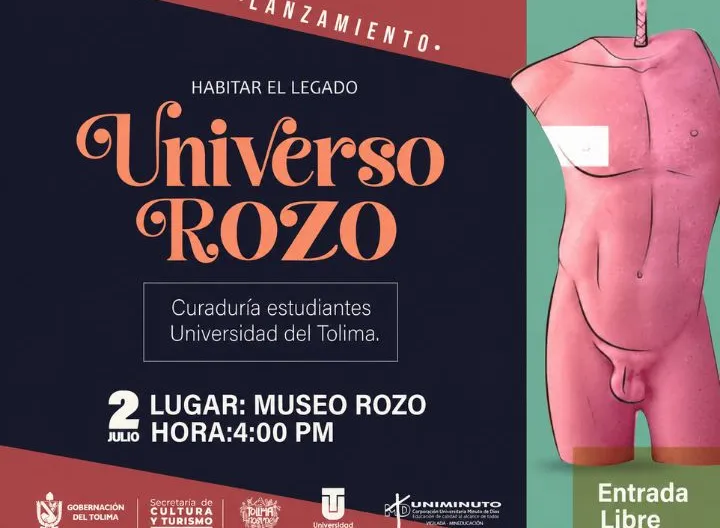 Afiche del lanzamiento de la exposición "Habitar el legado: Universo Rozo", con una ilustración de una escultura en tonos rosados. El evento se realizará el 2 de julio a las 4:00 p. m. en el Museo Rozo.