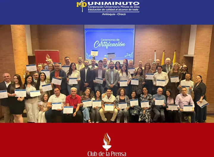 Tras un proceso de formación académica y vivencial enfocado en la productividad, la organización y el liderazgo, culminó exitosamente el Diplomado para Periodistas y Comunicadores, desarrollado en el campus de UNIMINUTO Seccional Bello.    Club de la Prensa de Medellín y UNIMINUTO Antioquia-Chocó consolidan alianza que impulsa el liderazgo y la integración del sector periodístico