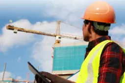 obrero con casco en construcción con grúa de fondo