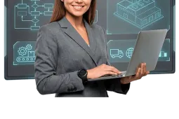 Mujer profesional analizando procesos industriales y flujo de producción en entorno digital en contexto de ingeniería industrial y optimización de operaciones