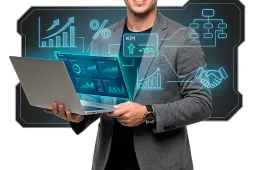 Hombre profesional sosteniendo laptop con indicadores de crecimiento, gráficos y KPI en contexto de administración de empresas y gestión estratégica