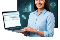 Mujer profesional analizando información contable en laptop con gráficos financieros y métricas en contexto de contaduría pública y análisis financiero