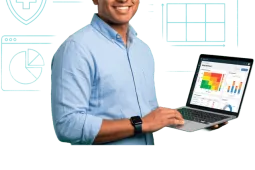 Hombre profesional utilizando laptop con indicadores de riesgo y salud ocupacional en contexto de seguridad y salud en el trabajo y gestión preventiva