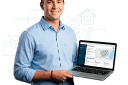 Hombre profesional mostrando plataforma digital con información social y geográfica en contexto de trabajo social y gestión comunitaria