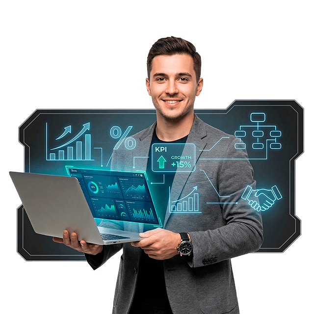 Hombre profesional sosteniendo laptop con indicadores de crecimiento, gráficos y KPI en contexto de administración de empresas y gestión estratégica