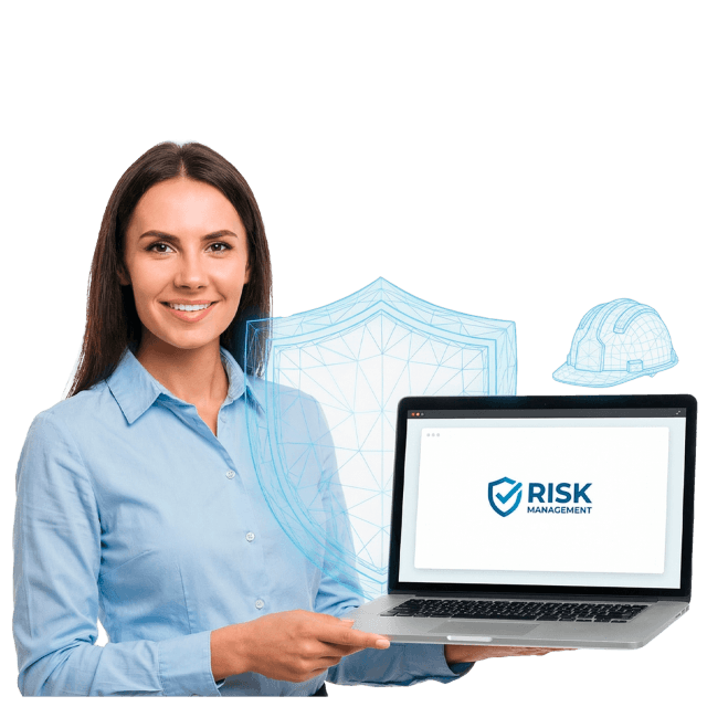 Mujer profesional mostrando plataforma de gestión de riesgos con elementos de seguridad laboral en contexto de seguridad y salud en el trabajo