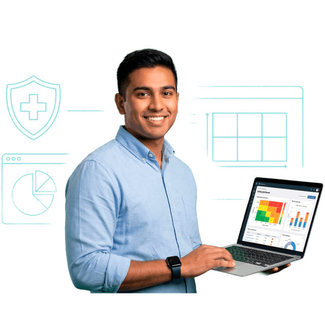 Hombre profesional utilizando laptop con indicadores de riesgo y salud ocupacional en contexto de seguridad y salud en el trabajo y gestión preventiva