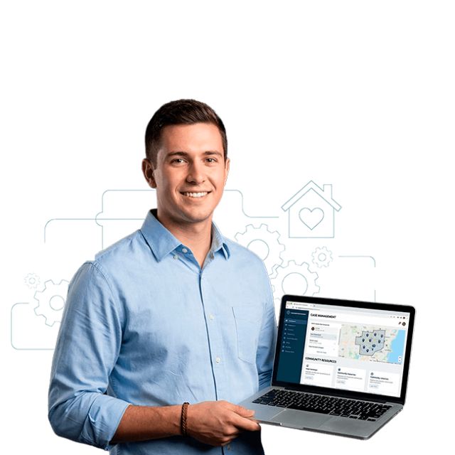 Hombre profesional mostrando plataforma digital con información social y geográfica en contexto de trabajo social y gestión comunitaria