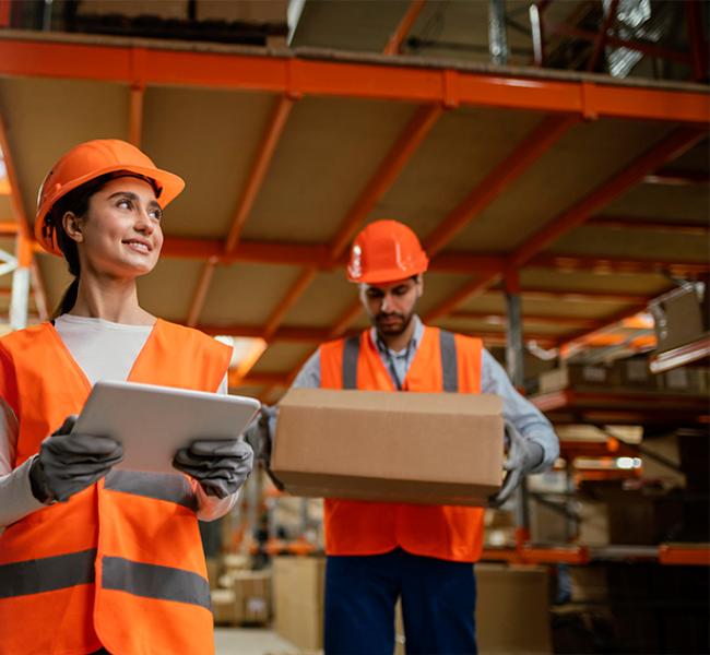 Inspectores en fabrica con implementos de trabajo