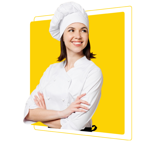 Chef profesional de con uniforme de cocina y brazos cruzados.