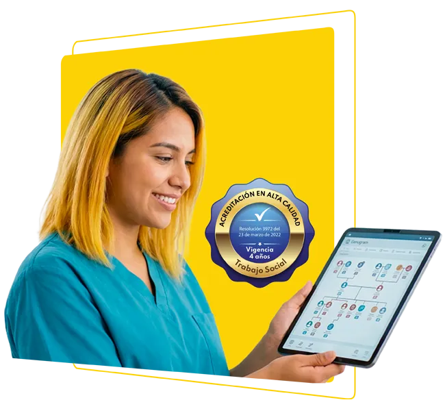 Mujer profesional mostrando plataforma digital con información social y geográfica en contexto de trabajo social y gestión comunitaria