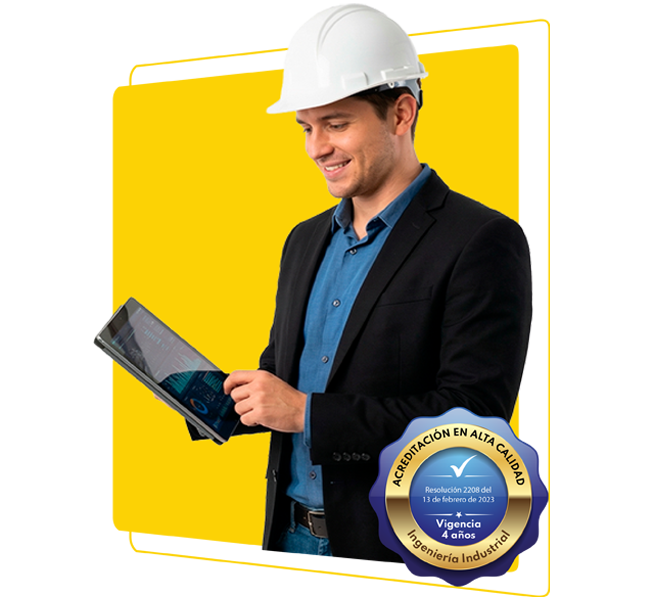 Ingeniero industrial con casco revisando métricas y procesos productivos en tablet digital
