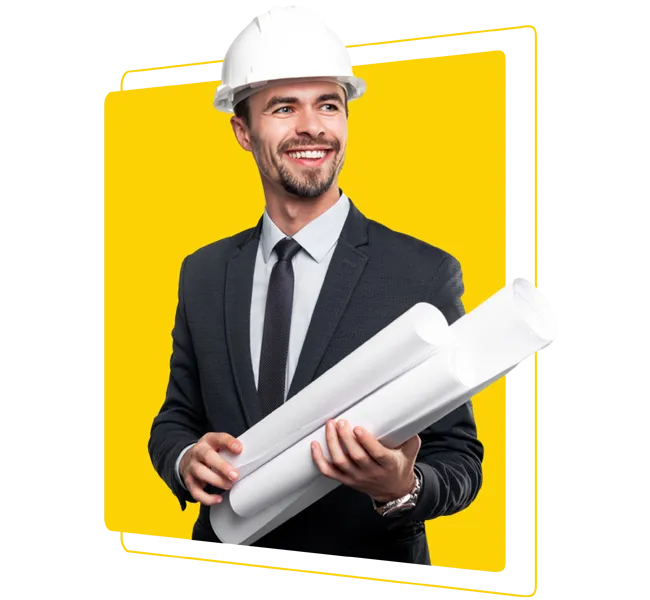 Profesional de la construcción con planos y casco de seguridad.