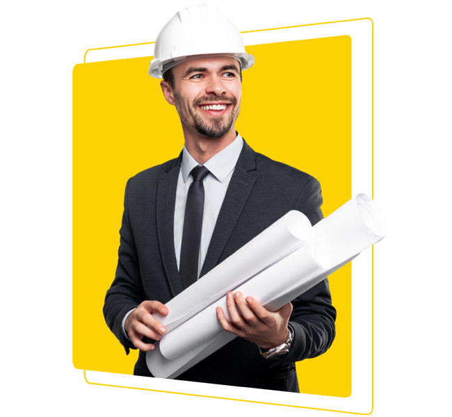Profesional de la construcción con planos y casco de seguridad.